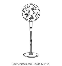 Floor electrical fan. Cooling air conditioning unit in hot weather. Black and white vector isolated illustration hand drawn. Outline doodle blower icon