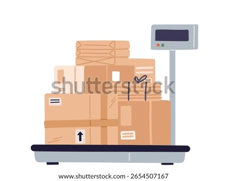 Floor electronic scales with postal cardboard boxes. Warehouse weighing equipment. Post delivery package. Heavy cargo weight measurement. Parcel containers stack. Vector industrial measure machine