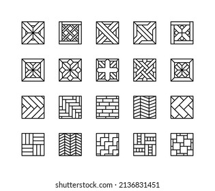 Floor finishing material flat line icons set. Floor from timber such as parquet, laminate, plank and hardwood. Simple flat vector illustration for web site or mobile app.