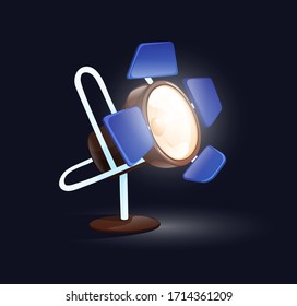 Floor floodlight. Professional shooting light, studio projector. Cinema production, photoshooting. Cartoon vector illustration on dark background