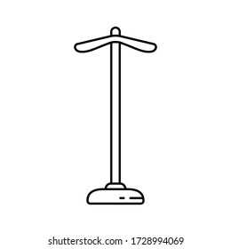 Floor hanger for clothes. Linear icon of shoulder rack, hallway furniture. Black illustration of vertical device for hanging coat, dress, jacket. Contour isolated vector emblem on white background