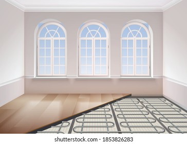 Floor heating realistic composition with view of room with windows and metal tubes under floor surface vector illustration