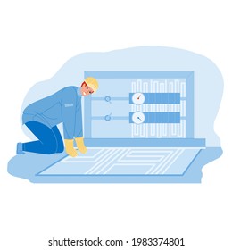Floor Heating System Installing Handyman Vector. Floor Heating Equipment Installation Underfloor Man Builder. Character Man Worker Install Thermal Pipeline Flat Cartoon Illustration