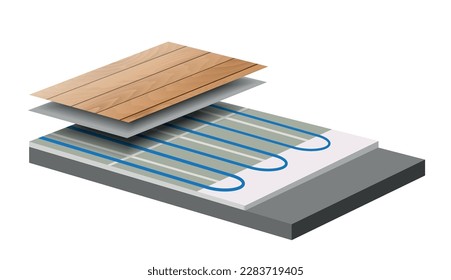 Floor heating system - srcoss section -floor panels,  concrete screed and heating system