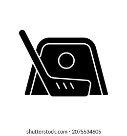 Floor Hockey Black Glyph Icon. Street Hockey. Indoor, Outdoor Game. Shooting Puck Into Opposing Team Net. Playing On Non-ice Surface. Silhouette Symbol On White Space. Vector Isolated Illustration