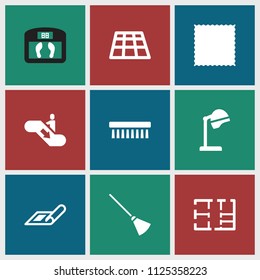 Floor icon. collection of 9 floor filled icons such as plan, salon hair dryer, carpet, clean brush, escalator down. editable floor icons for web and mobile.