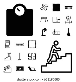 Floor icon. set of 20 floor filled and outline icons such as escalator, salon hair dryer, broom, carpet, foot carpet, clean brush, plan, escalator up, man climbing stairs