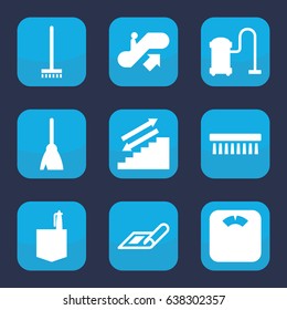 Floor icon. set of 9 filled floor icons such as escalator up, plan, broom, vacuum cleaner, clean brush, office room, floor scales
