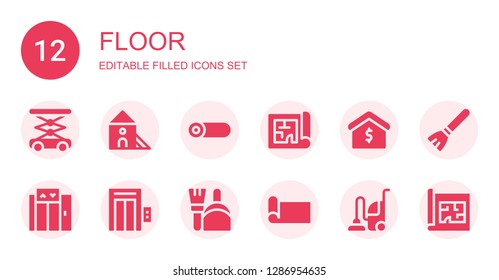 floor icon set. Collection of 12 filled floor icons included Lift, Indoor, Roll, Blueprint, Real estate, Elevator, Dustpan, Yoga mat, Vacuum, Broom