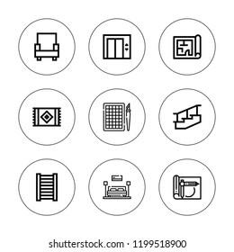 Floor icon set. collection of 9 outline floor icons with armchair, carpet, blueprint, interior design, lift, mat, plan icons. editable icons.