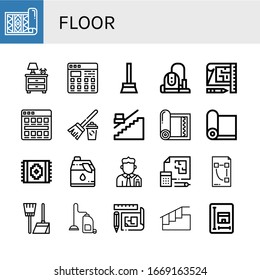 floor icon set. Collection of Carpet, Nightstand, Tiles, Broom, Vacuum cleaner, Blueprint, Stair, Yoga mat, Cleaner, Real estate, Plan, Stairs icons