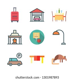 floor icon set. vector set about suitcase, fireplace, shrew and garage icons set.