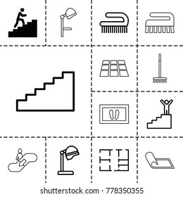 Floor icons. set of 13 editable outline floor icons such as man climbing stairs, salon hair dryer, clean brush, plan, stairs, man on stairs, escalator up, broom, foot carpet