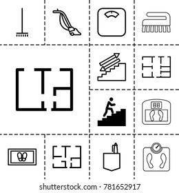 Floor icons. set of 13 editable outline floor icons such as man climbing stairs, broom, foot carpet, vacuum cleaner, office room, stairs, plan