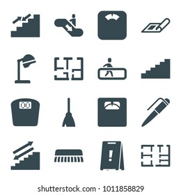 Floor icons. set of 16 editable filled floor icons such as plan, salon hair dryer, broom, stairs, escalator, escalator down, clean brush