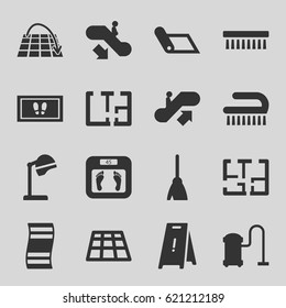 Floor icons set. set of 16 floor filled icons such as escalator up, escalator down, salon hair dryer, broom, foot carpet, vacuum cleaner, clean brush, plan, move on map