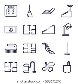 floor icons set. Set of 16 floor outline icons such as escalator up, plan, salon hair dryer, floor scales, broom, foot carpet, vacuum cleaner, clean brush, office room, stairs