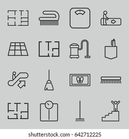 Floor icons set. set of 16 floor outline icons such as escalator, escalator up, broom, foot carpet, vacuum cleaner, clean brush, office room, plan