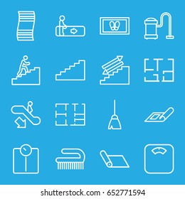 Floor icons set. set of 16 floor outline icons such as escalator, escalator down, plan, broom, foot carpet, vacuum cleaner, clean brush, man climbing stairs, stairs, carpet