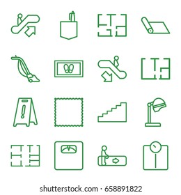 Floor icons set. set of 16 floor outline icons such as escalator, escalator up, escalator down, salon hair dryer, carpet, foot carpet, vacuum cleaner, office room, plan