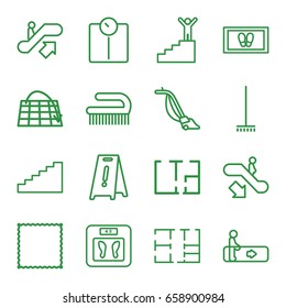 Floor icons set. set of 16 floor outline icons such as escalator, escalator up, escalator down, broom, carpet, foot carpet, vacuum cleaner, clean brush, plan, stairs