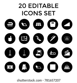 Floor icons. set of 20 editable filled floor icons such as escalator, broom, carpet, vacuum cleaner, clean brush, office room. best quality floor elements in trendy style.