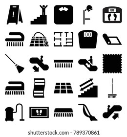 Floor icons. set of 25 editable filled floor icons such as escalator up, escalator down, foot carpet, vacuum cleaner, clean brush, carpet, stairs, fitness carpet, move on map