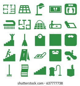 Floor icons set. set of 25 floor filled icons such as escalator, escalator down, plan, salon hair dryer, broom, carpet, foot carpet, vacuum cleaner, clean brush, office room