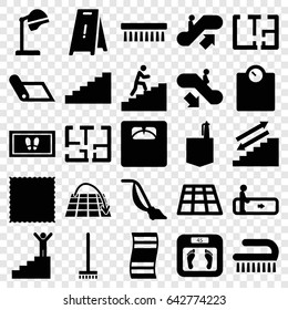 Floor icons set. set of 25 floor filled icons such as escalator, escalator up, escalator down, salon hair dryer, broom, carpet, foot carpet, vacuum cleaner, clean brush