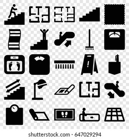 Floor icons set. set of 25 floor filled icons such as escalator, escalator up, escalator down, plan, salon hair dryer, broom, carpet, foot carpet, clean brush, office room