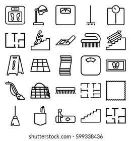floor icons set. Set of 25 floor outline icons such as escalator, plan, salon hair dryer, broom, carpet, foot carpet, vacuum cleaner, clean brush, office room