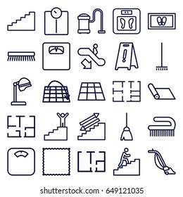 Floor icons set. set of 25 floor outline icons such as escalator down, salon hair dryer, broom, carpet, foot carpet, vacuum cleaner, clean brush, plan, man climbing stairs