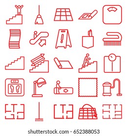 Floor icons set. set of 25 floor outline icons such as escalator, escalator up, plan, salon hair dryer, broom, carpet, vacuum cleaner, clean brush, office room