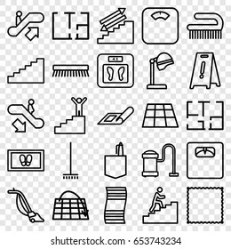 Floor icons set. set of 25 floor outline icons such as escalator up, escalator down, plan, salon hair dryer, broom, carpet, foot carpet, vacuum cleaner, clean brush