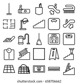 Floor icons set. set of 25 floor outline icons such as escalator, escalator up, escalator down, plan, salon hair dryer, broom, carpet, foot carpet, vacuum cleaner, clean brush