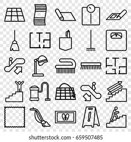Floor icons set. set of 25 floor outline icons such as escalator up, escalator down, plan, salon hair dryer, broom, carpet, foot carpet, vacuum cleaner, clean brush