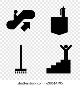 Floor icons set. set of 4 floor filled icons such as escalator up, broom, office room