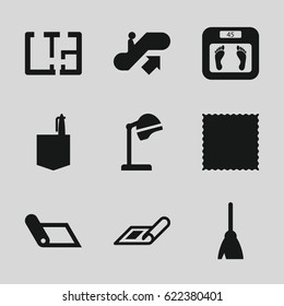 Floor icons set. set of 9 floor filled icons such as escalator up, plan, salon hair dryer, floor scales, broom, carpet