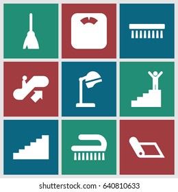 Floor icons set. set of 9 floor filled icons such as escalator up, salon hair dryer, broom, clean brush, stairs, man on stairs, floor scales