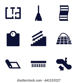 Floor icons set. set of 9 floor filled icons such as escalator down, broom, clean brush, plan, move on map, carpet, stairs, fitness carpet