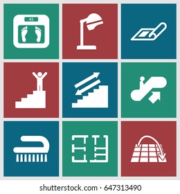 Floor icons set. set of 9 floor filled icons such as escalator up, plan, salon hair dryer, floor scales, clean brush, move on map, man on stairs