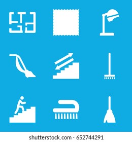 Floor icons set. set of 9 floor filled icons such as salon hair dryer, broom, carpet, vacuum cleaner, clean brush, plan, man climbing stairs
