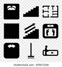 Floor icons set. set of 9 floor filled icons such as escalator, floor scales, broom, carpet, plan