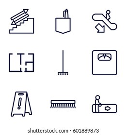 floor icons set. Set of 9 floor outline icons such as escalator, escalator down, broom, clean brush, office room, plan
