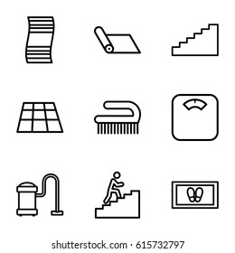 Floor icons set. set of 9 floor outline icons such as foot carpet, vacuum cleaner, clean brush, man climbing stairs, stairs, carpet
