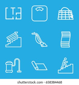 Floor icons set. set of 9 floor outline icons such as vacuum cleaner, plan, man climbing stairs, floor scales, carpet, stairs, fitness carpet