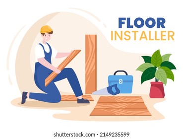 Floor Installation Cartoon Illustration with Repairman, Laying Professional Parquet, Wood or tile Floors in House Flooring Renovation Design