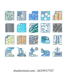 Floor Installation Collection doodle icons set vector. Carpenter Covering Floor Heating Electronic System, Plastic Wood Parquet Layer, Ceramic Stone sketch hand drawn