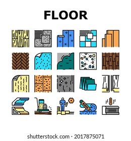 Floor Installation Collection Icons Set Vector. Carpenter Covering And Floor Heating Electronic System, Plastic And Wood Parquet Layer, Ceramic And Stone Line Pictograms. Contour Color Illustrations