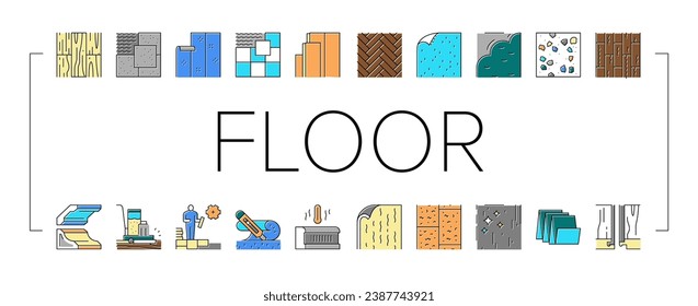 Floor Installation Collection Icons Set Vector. Carpenter Covering And Floor Heating Electronic System, Plastic And Wood Parquet Layer, Ceramic And Stone Line Pictograms. Contour Color Illustrations